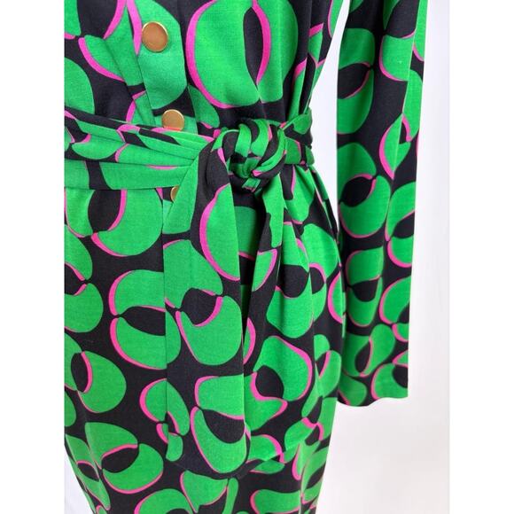 Diane Von Furstenberg Green Pink Geometric 100% Silk Long Sleeve Mini Dress Sz 2 - Picture 3 of 11